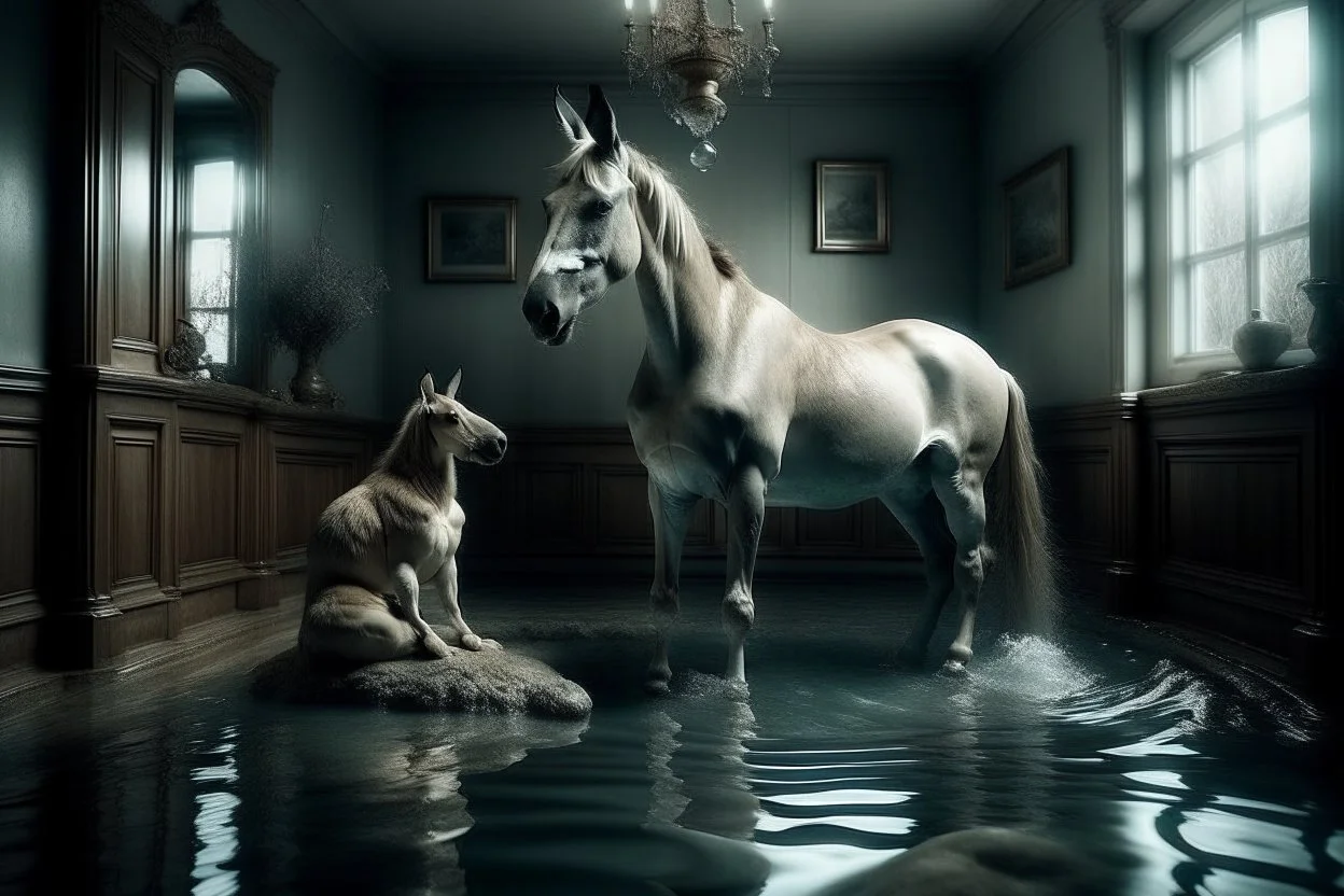 Imagen surrealista, un caballo y conejo con cuerpos humanos, en una habitación llena de agua. Color de la habitación azul claro, azul celeste.