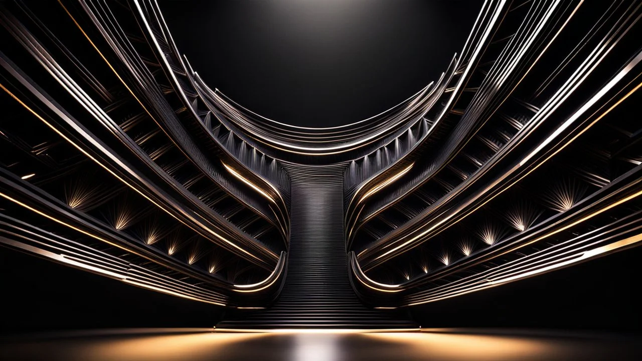 a 3d fractal stage structre made of metallic dark color 3d structures, pertty artistc background,dynamic lights