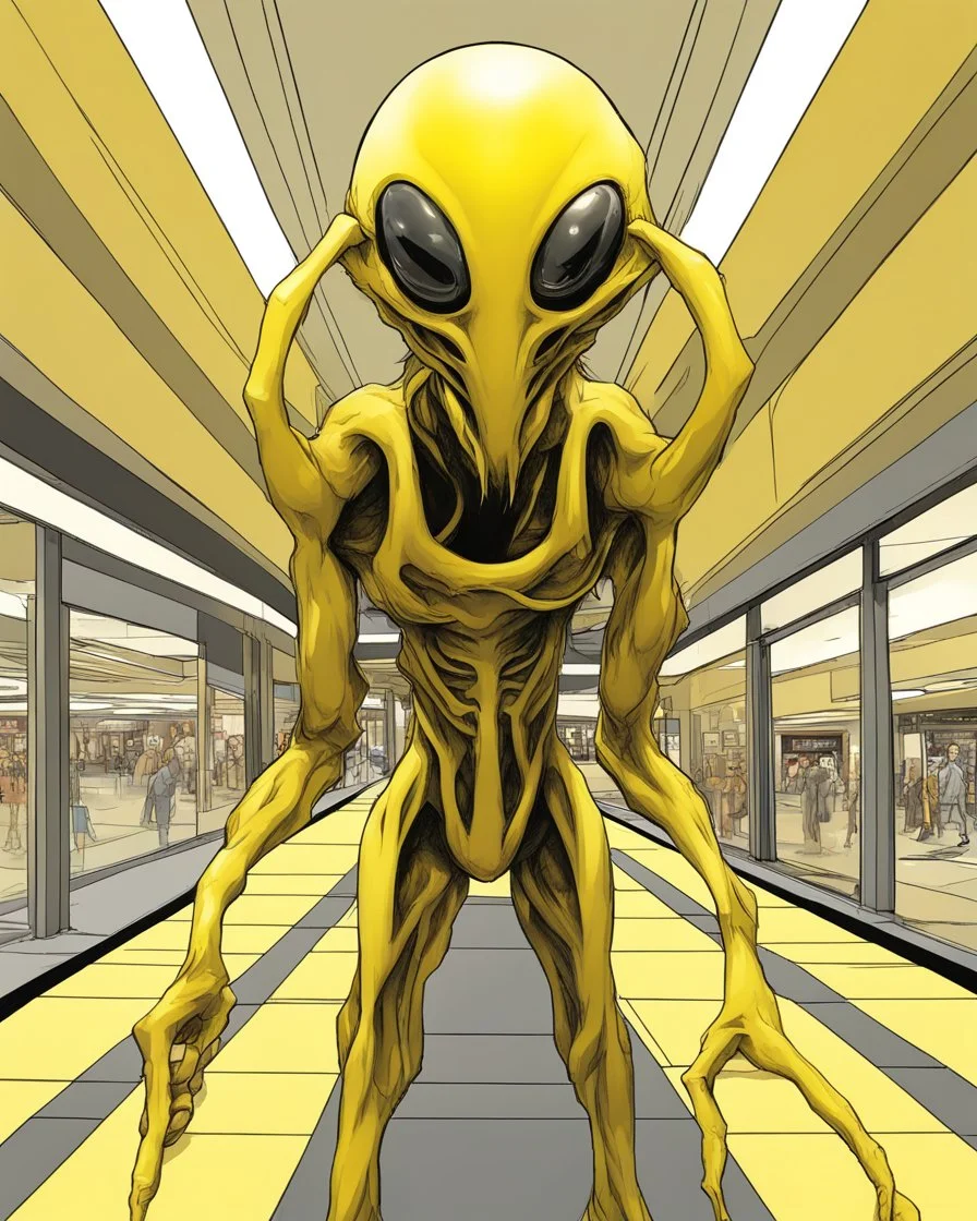 Distorted large yellow insectoid alien black eyes, in a mall, sci-fi art, graphic design, digital illustrated scene, alien art, high strangeness, absurdist, cartoonists