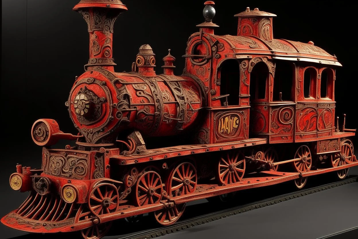 A light red fast steampunk train with flame decals painted by Jean Dubuffet