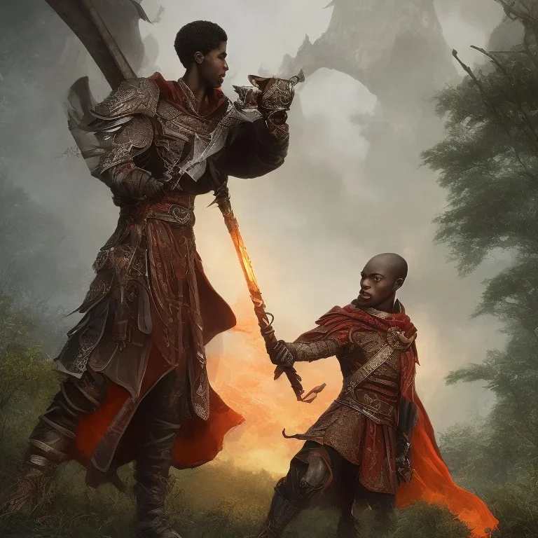 dungeons and dragons, monk, black, african, portrait, face, close up, cloak, clothes, cape, brown fabric, sunset, red sun