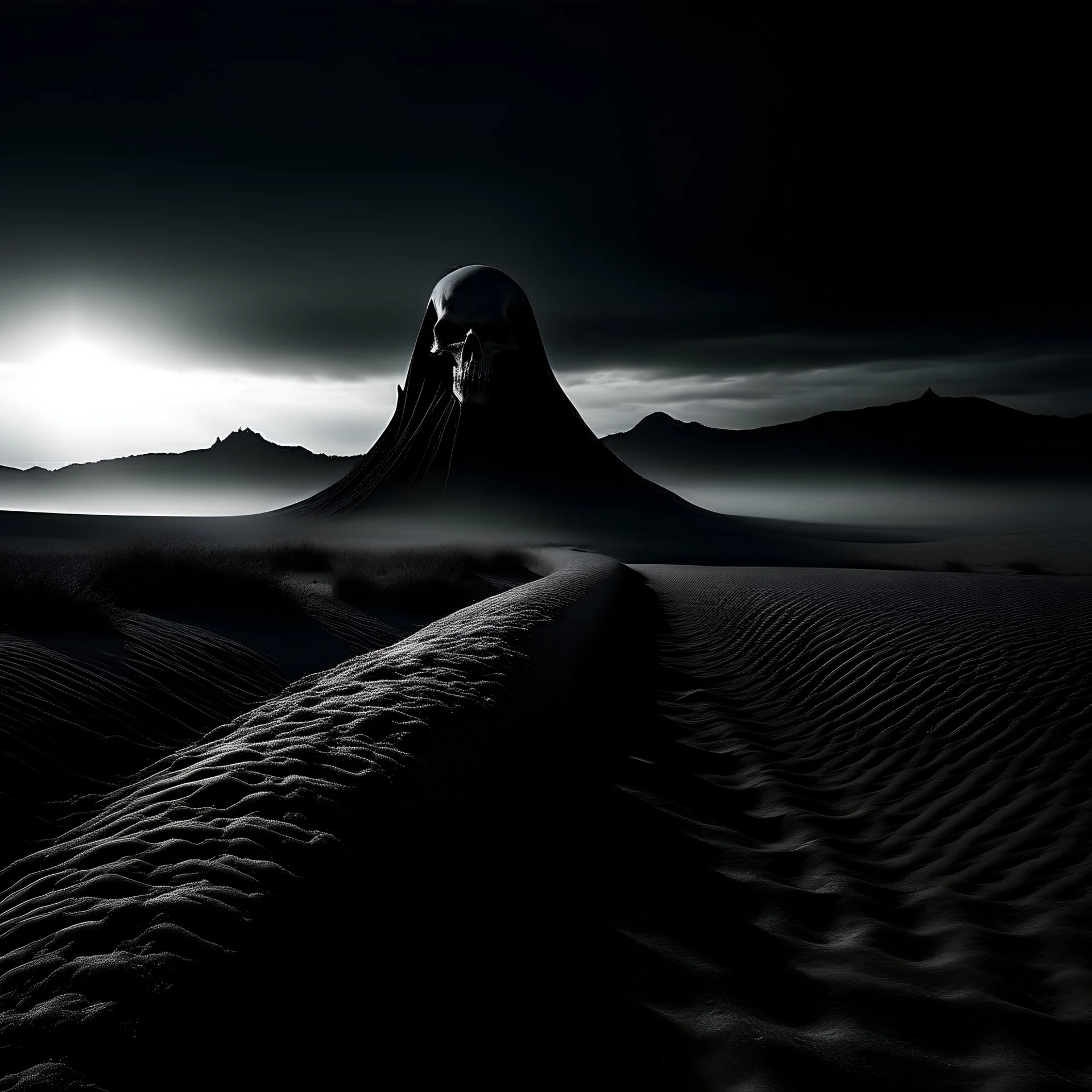 black and white grim reaper in the distance