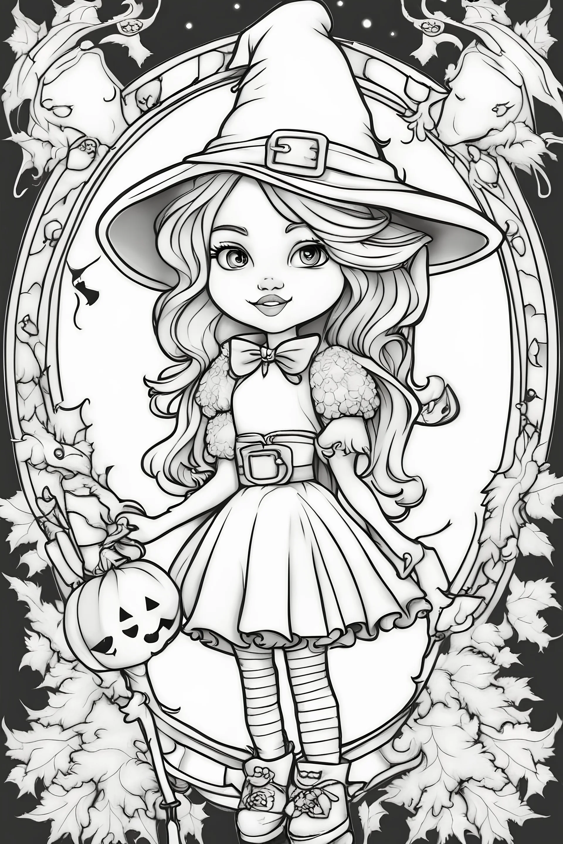 outline art for cute Halloween coloring pages with witch, white background, skitch style, full body, only use outline, mandala style, clean line art, white background, no shadows and clean and well outline