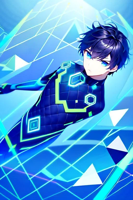 neon blue, floating triangle of light orbiting behind the back, cyber armor, geometric patterns on armor, male, orbiting triangle