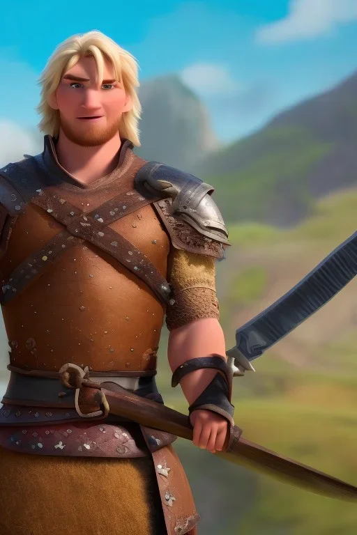 strong medieval men warrior with blond short hair, blue eyes and wide warm smile with an axe with green and brown clothes