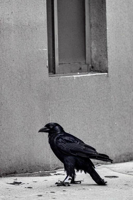 One single mature homeless crow with worn out clothes, sitting in a corner on the street, guitar standing on the left side, Vienna, mourning, perfect iris, colours, model style, hyper realistic, extremely accurate, delicate, extremely detailed, Graphic novel style, wide-angle, open aperture, superfine pencil