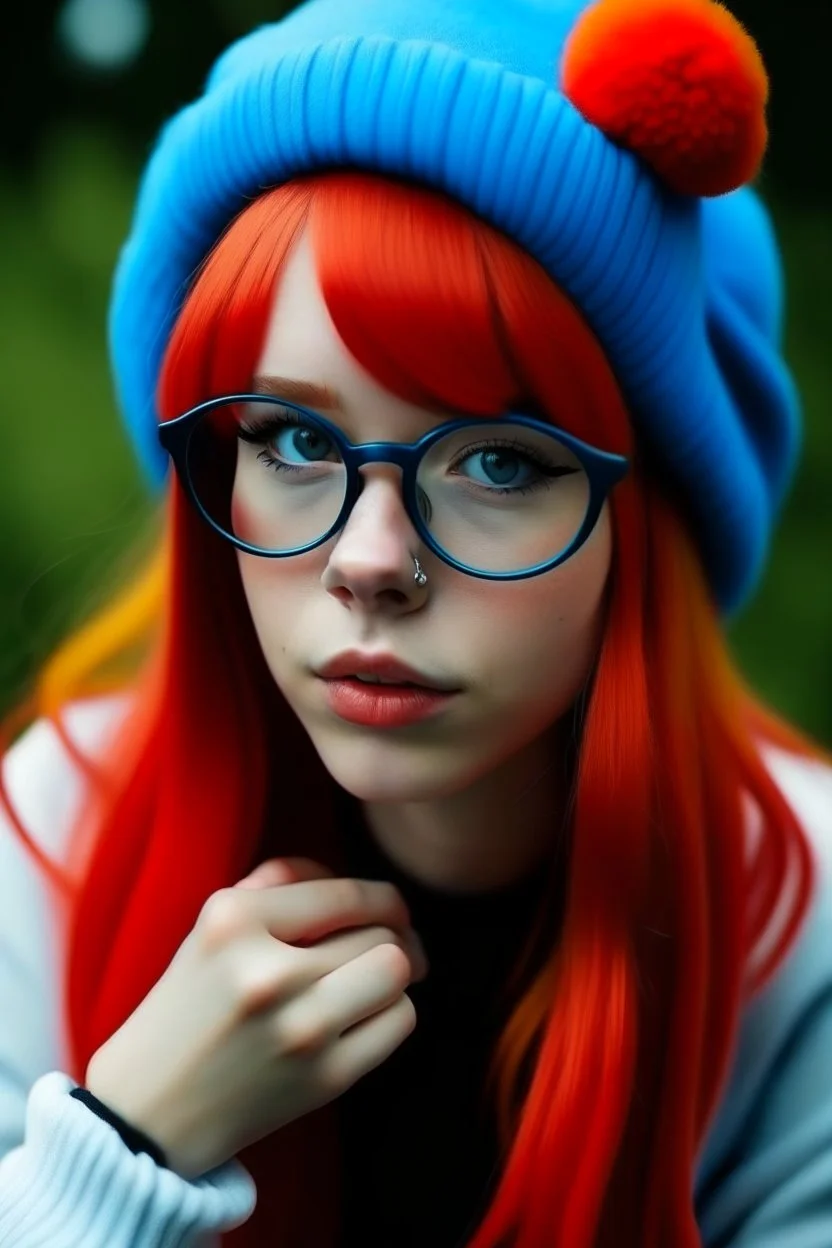 girl with ginger hair in a fringe with glasses and a septum piercing wearing a smurf costume