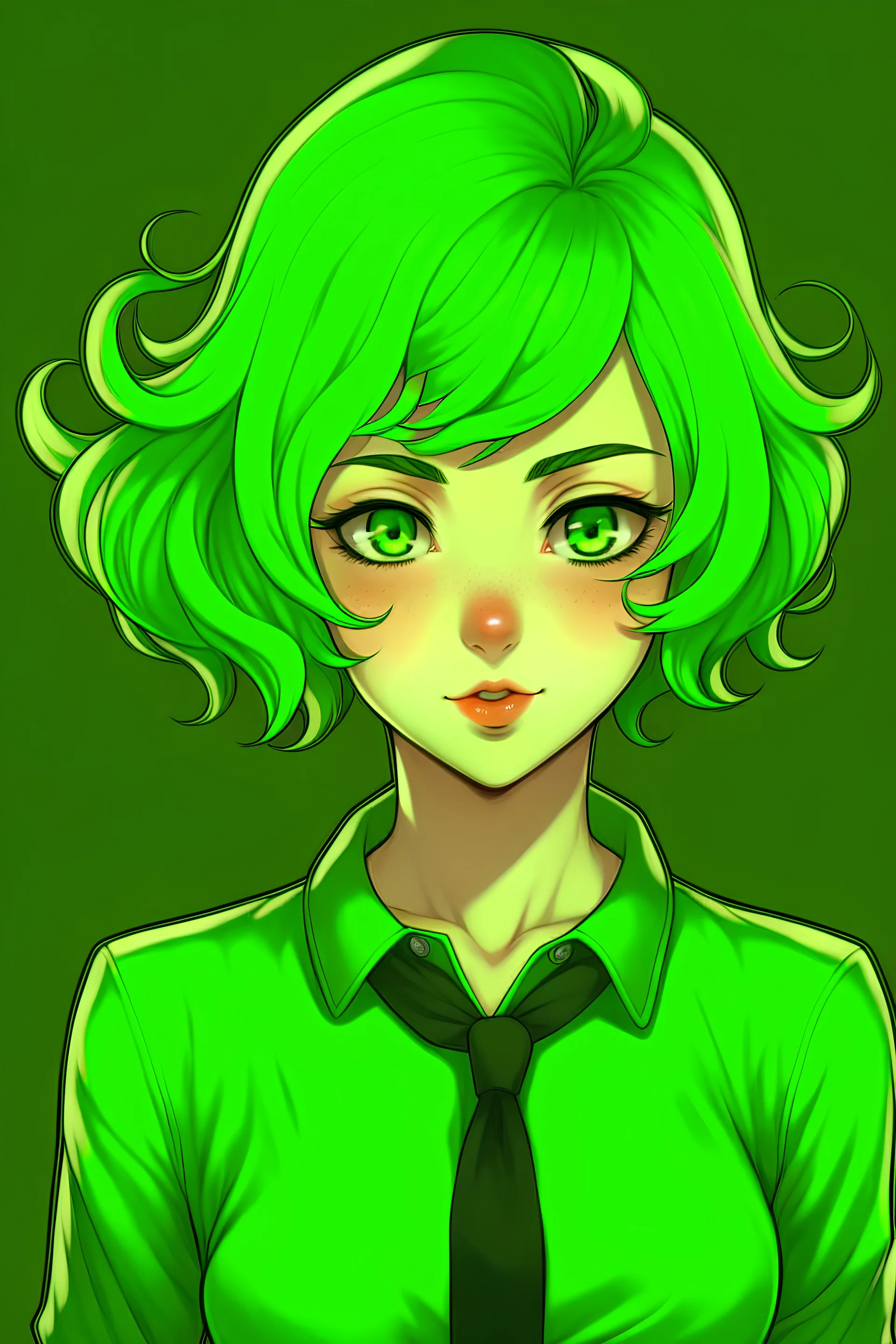Beautiful Enfp girl with green wavy short hair She wears a green shirt with a black tie and bad girl style anime
