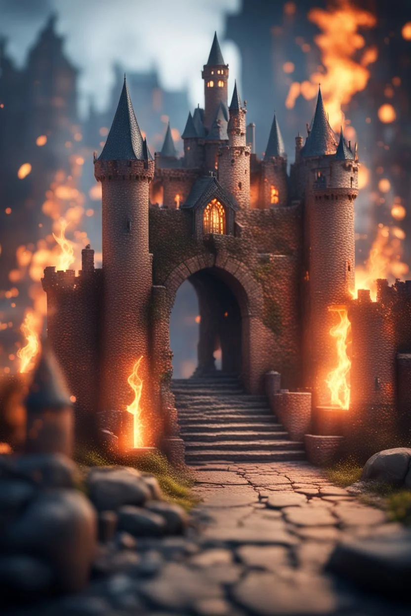 Burning castle entrance, 'Tis silent now, the final hour,bokeh like f/0.8, tilt-shift lens 8k, high detail, smooth render, down-light, unreal engine, prize winning