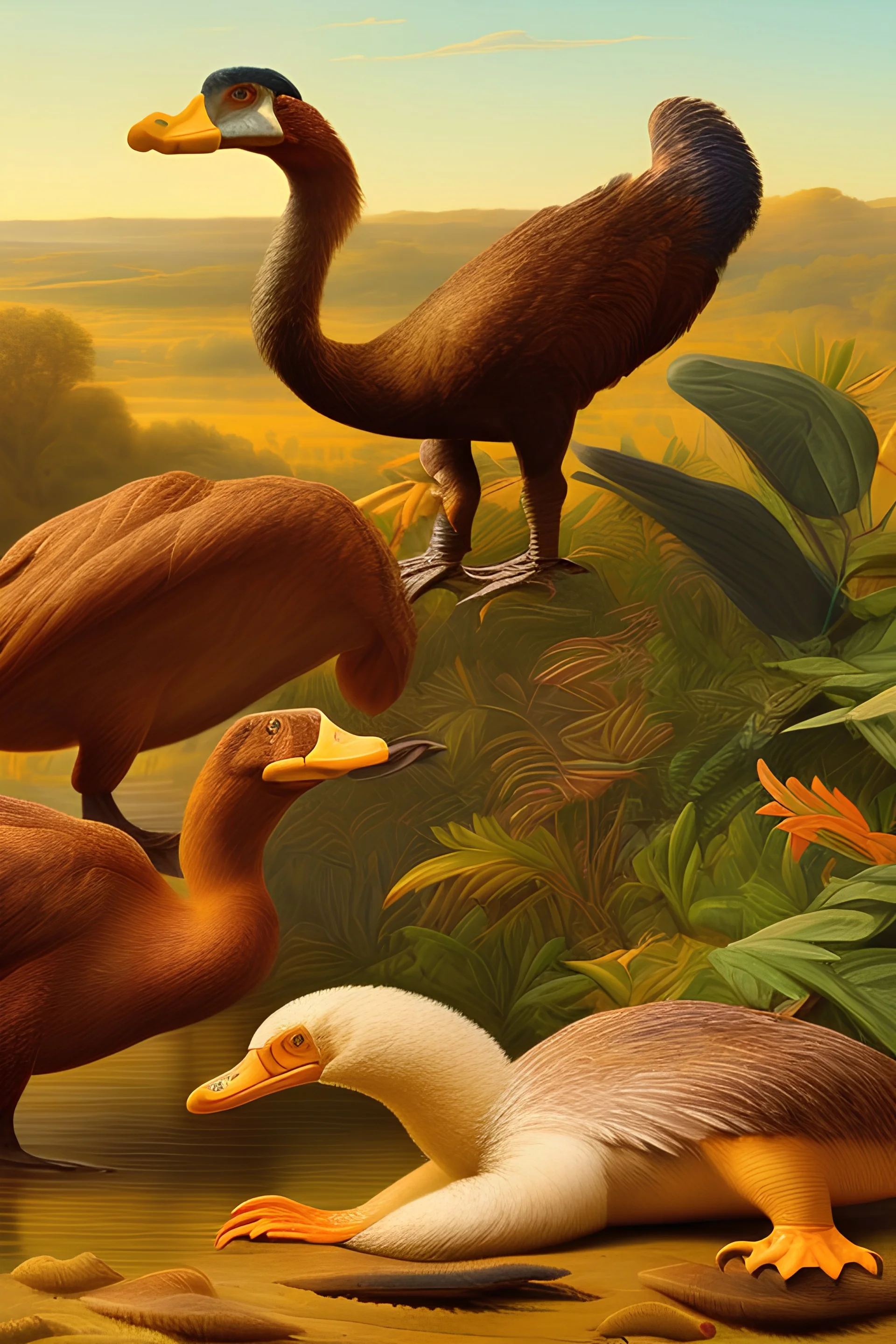 John James Audubon-like illustration of a fully uncropped Dodo bird and a Platypus in a landscape of yellows, reds, and warm blues