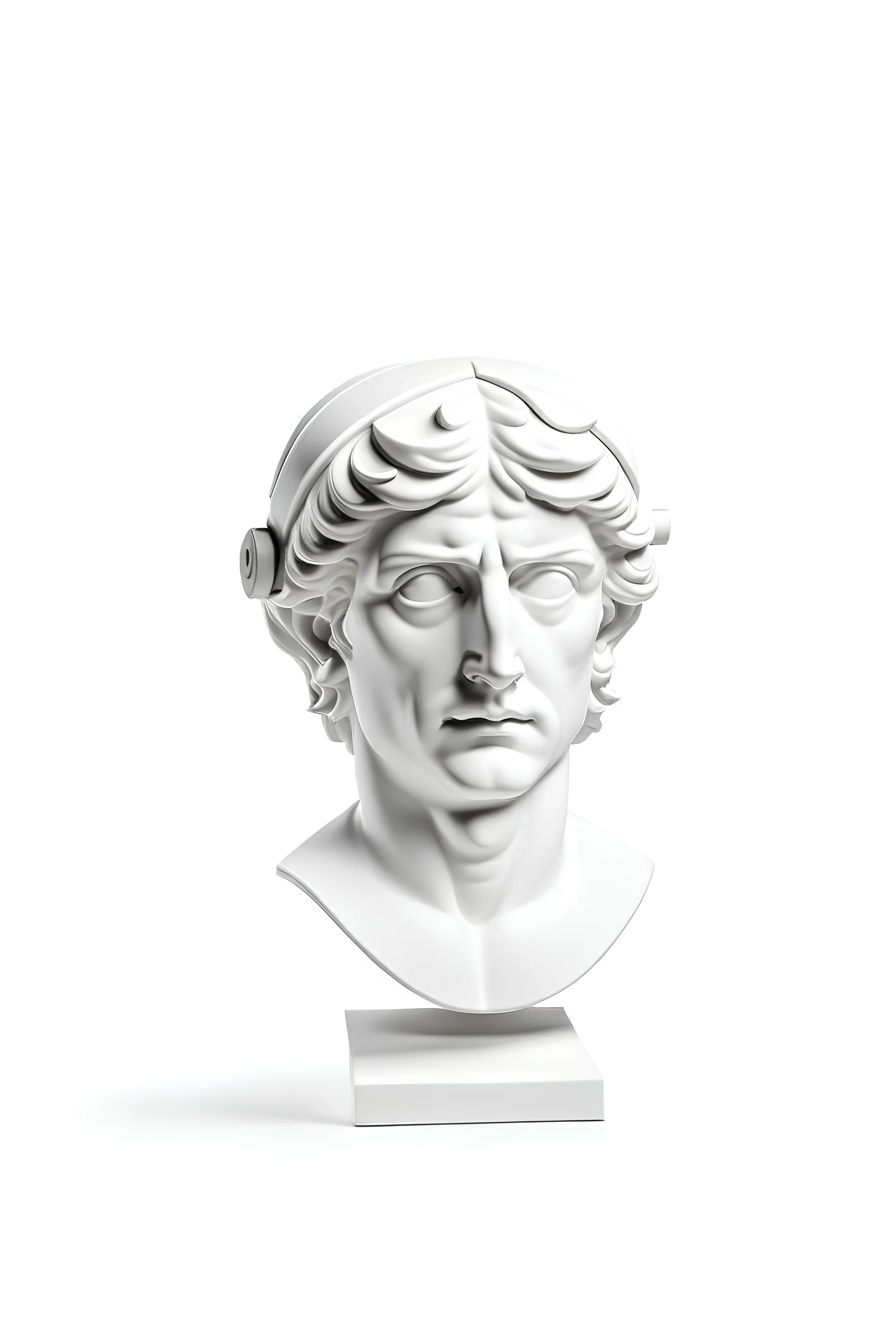 Greek Sculpture Head on pedestal minimalistic, historically accurate, pure white backround, product phatography