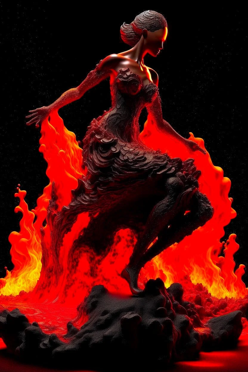 Behold a mesmerizing masterpiece portraying the full embodiment of fiery elegance as a woman crafted entirely of molten lava commands the canvas with her captivating presence, the artwork is highly detailed and exudes intricate textures, showcasing the smooth, fluid-like nature of the molten lava, the lighting accentuates the fiery glow, casting vibrant and dynamic shadows that dance across the scene, this digital illustration, reminiscent of artwork by ruan jia, Mandy Jurgens, Artgerm, and zdis