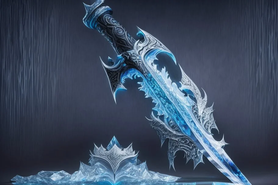 A fantasy greatsword that is a slender, translucent blade made of ice. Its hilt is crafted from swirling vines, leading to a vibrant crystal at the pommel. With a black background behind it. HD