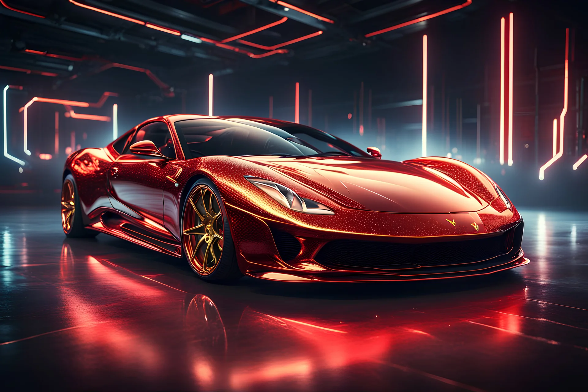 FERRARI GOLD red CHROME design, high quality, 3d render, digital art, 32K ultra hd, hyper realistic, cinematic, high definition, new design, tron style, ultra detailed atmospheric details, beautiful glowing effects, sparkle effects, MULTICOLORS, METAL MATERIAL,