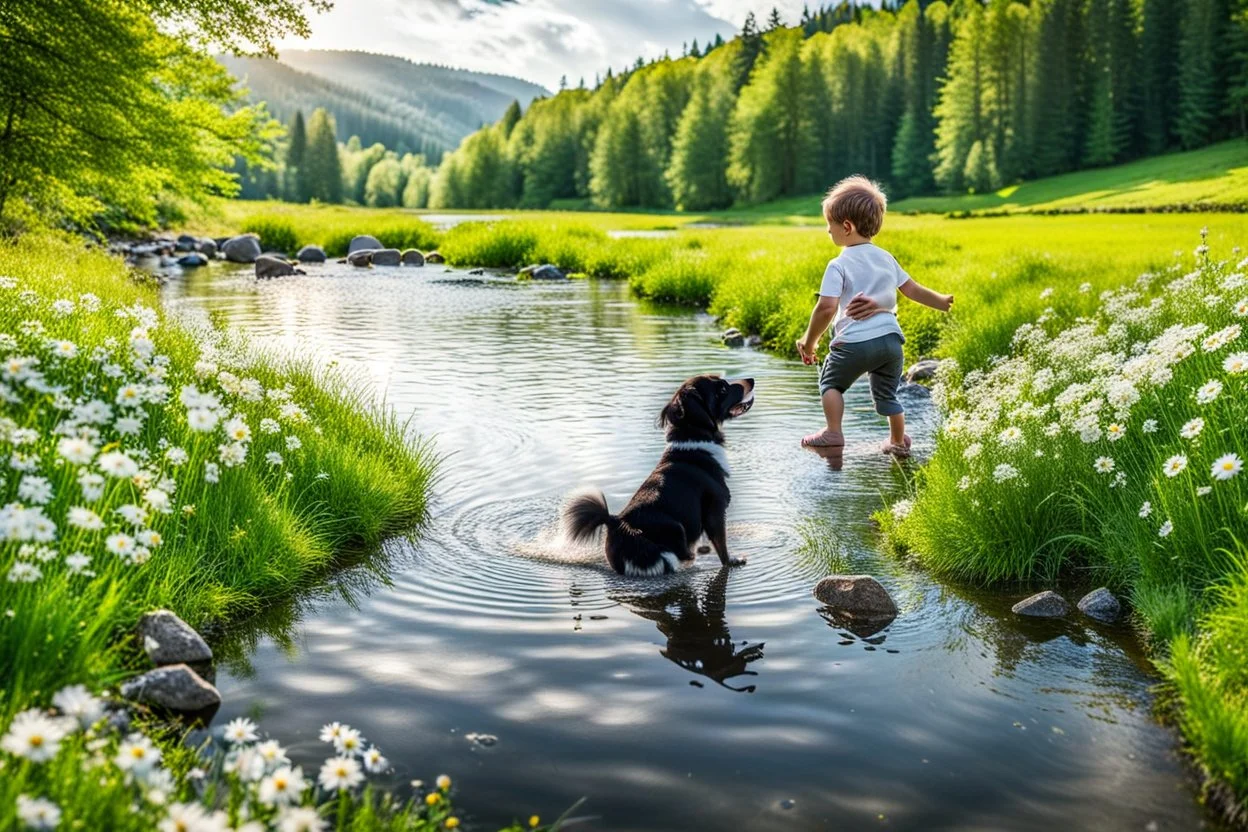 a lovely black and white dog plays with a little boy in country side in green field flowers next to a river with clear water an small rocks in its floor