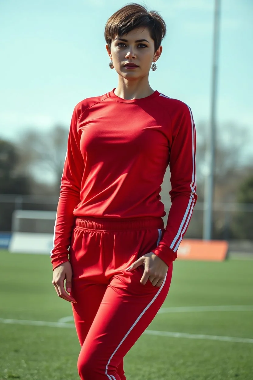 A full-body shot of a beautifulazeri lady in red futball suit and pants short hair standing idle pose front to camera