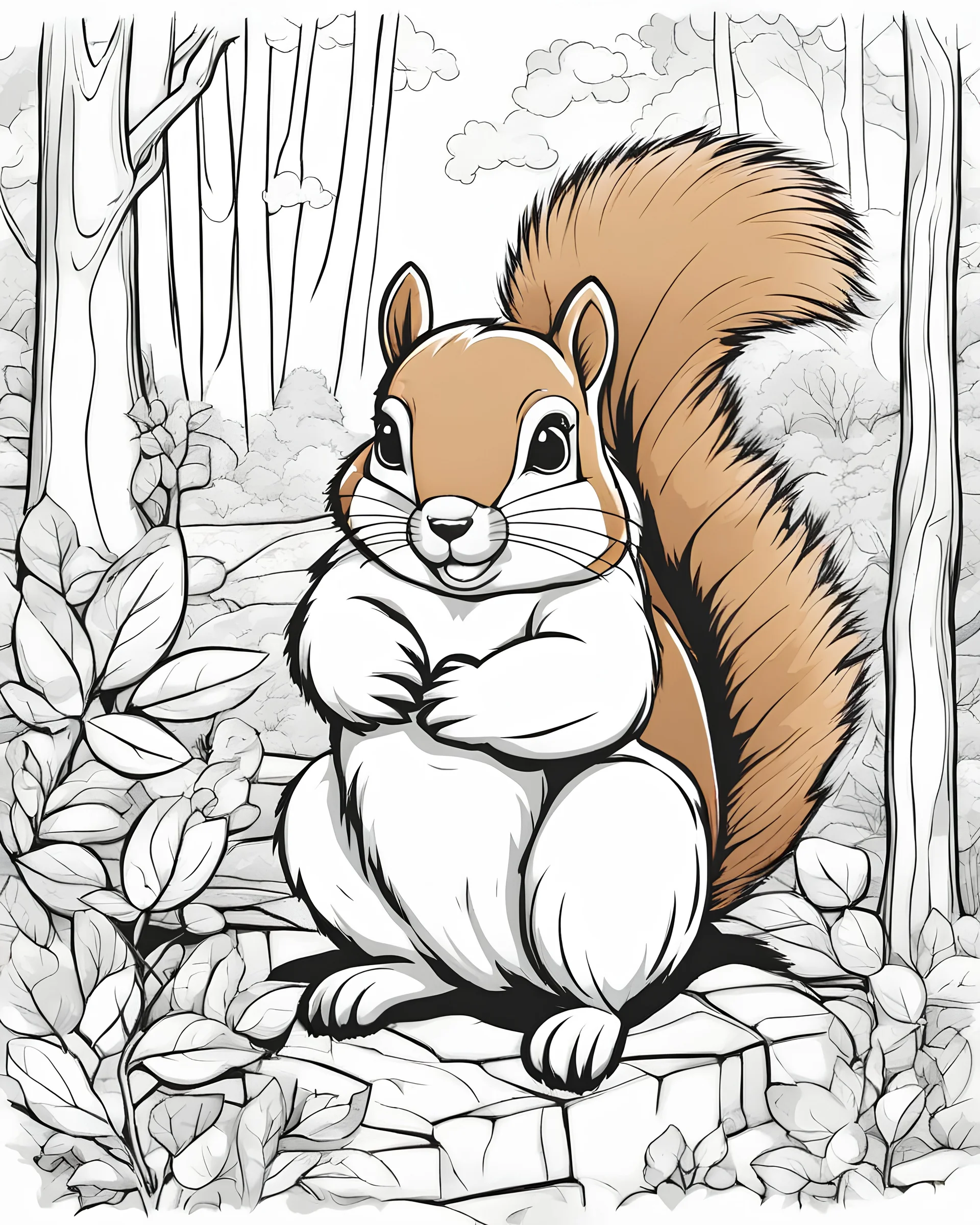 A captivating coloring book for kids scene featuring an squirrel in the forest, cartoon style.