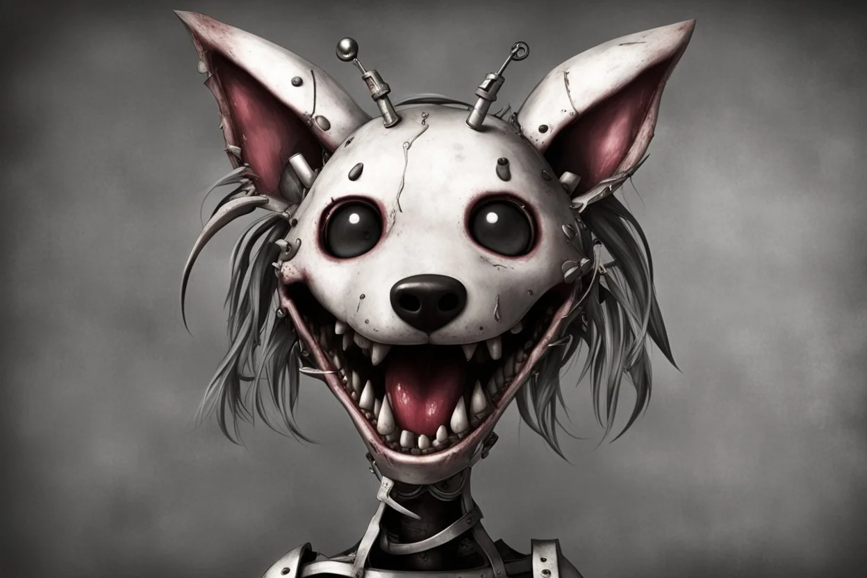 Sarah looked at herself. Upon examination, she noticed that from behind her back, on the left, hung some kind of thing resembling a Mangle appendage from the FNaF game. It was a metal head that looked like either a dog or a dragon. The jaw is filled with flat, sharp teeth. It was all held on a metal frame, on which the servos were located. There was a microphone in front of Sarah's nose. Feeling her head, Sarah found that it was impossible to remove the headphones, they seemed to have become par