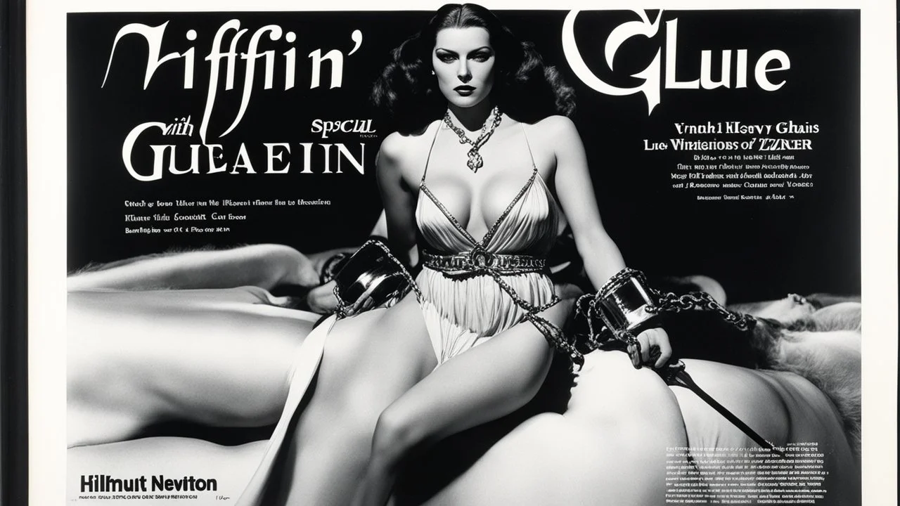 NIFFIN’ GLUE magazine #871 (Vroker 834) high res photo cover by Helmut Newton: special 'boundage with heavy chains for her' issue; guest star : Lilitha Embervein in nightgown and diapers, daughter of the flame-wielding cult of Pyr’Zhar,