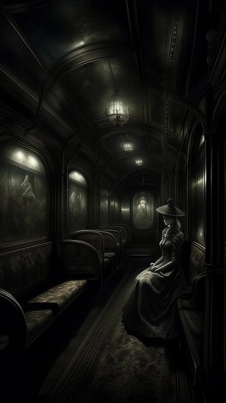 a sleepless night inside a dark train in a delusional state haunted by ghostly images, paint it in the baroque style, as if the man is horrified