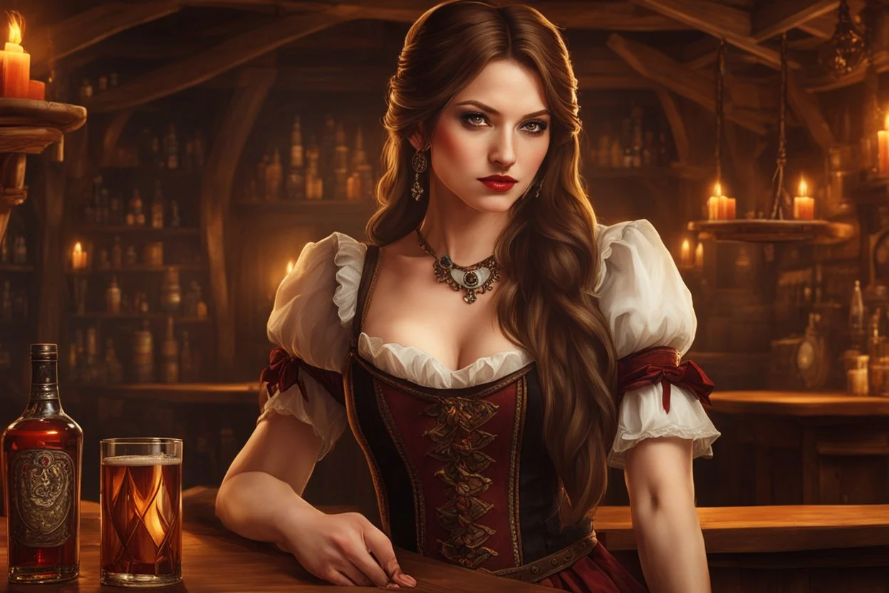 A young woman with pale skin and long brown hair in a fantasy tavern setting with intricate details. She is smirking, a tavern wench pouring a glass of whiskey, has intense red eyes, intimidating presence. High definition.