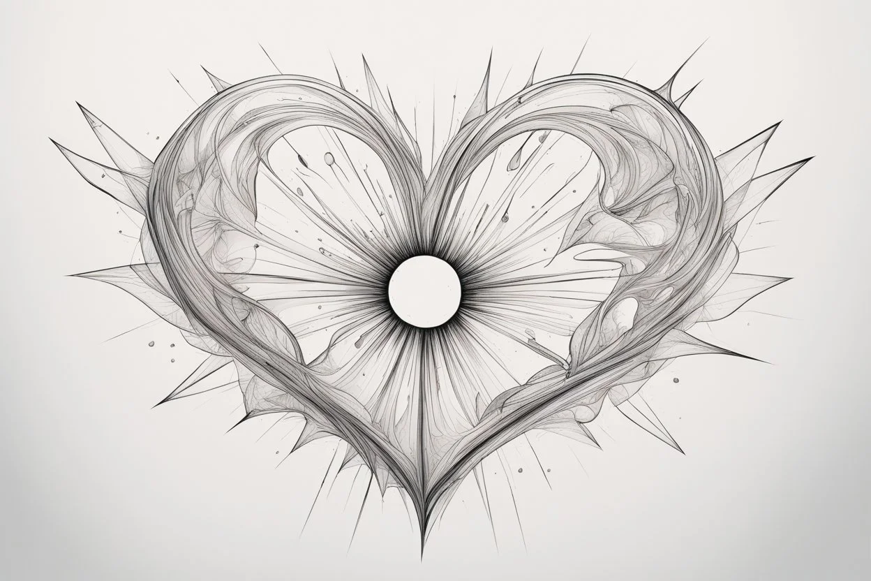 На нём, рядом с каплями чернил и неловкими линиями, угадывались два переплетённых контура — один острый и угловатый, похожий на кристалл или звёздную вспышку, другой — более плавный, похожий на крыло или падающий лепесток. Они были соединены в центре чем-то, напоминающим одновременно и сердце, и маленькое солнце.