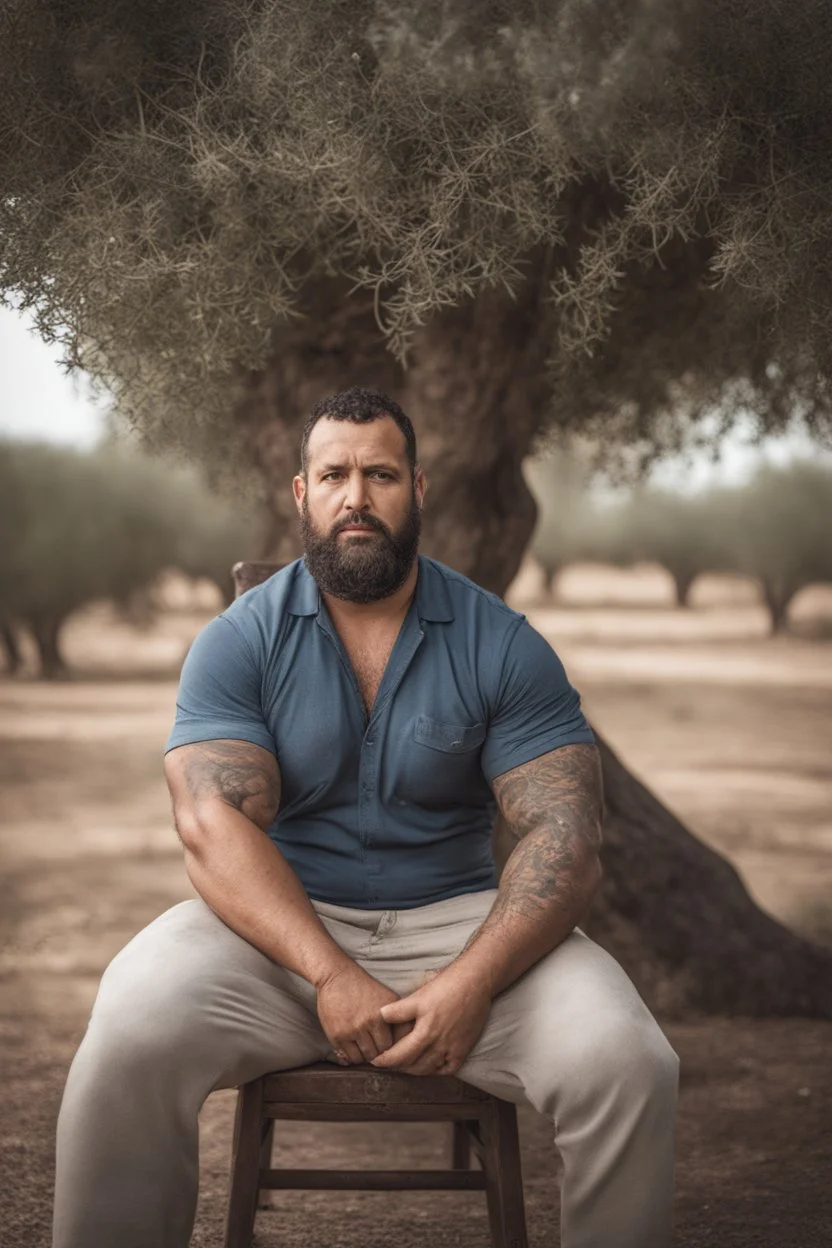 half figure shot photography of a marocan ugly dirty burly muscular chubby farmer 36 years old, bullneck, strong arms, big belly, manly chest, very sweat, short beard, tattoo, curly hair , short bulging pants, open legs sitting on a chair under an olive tree , big tights, barefoot, ambient occlusion, hyper detailed photography, photorealistic, 35mm lens, side light, frontal view from below, natural colors