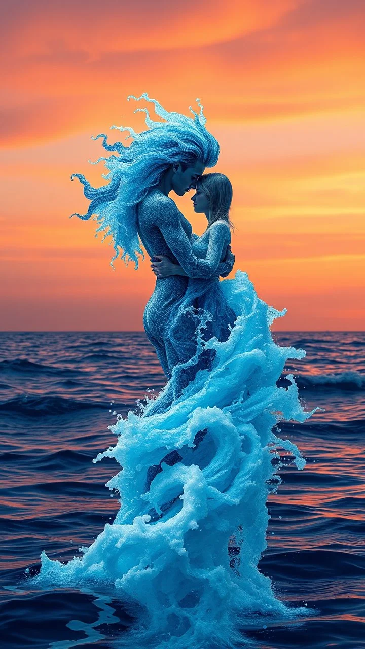 Two lovers, canon professional photo, man and girl, hugging, bodies melting, turning into one column of sea water, bodies twisting in a spiral, forming a unique trunk of a sea tornado, hair made of sea foam melting, poetic picture, hyperdetail, bright colorful contrasting beautiful intricate, oaokzpo art botanical, iso100, 16k, HDR, cgi, --quality q2