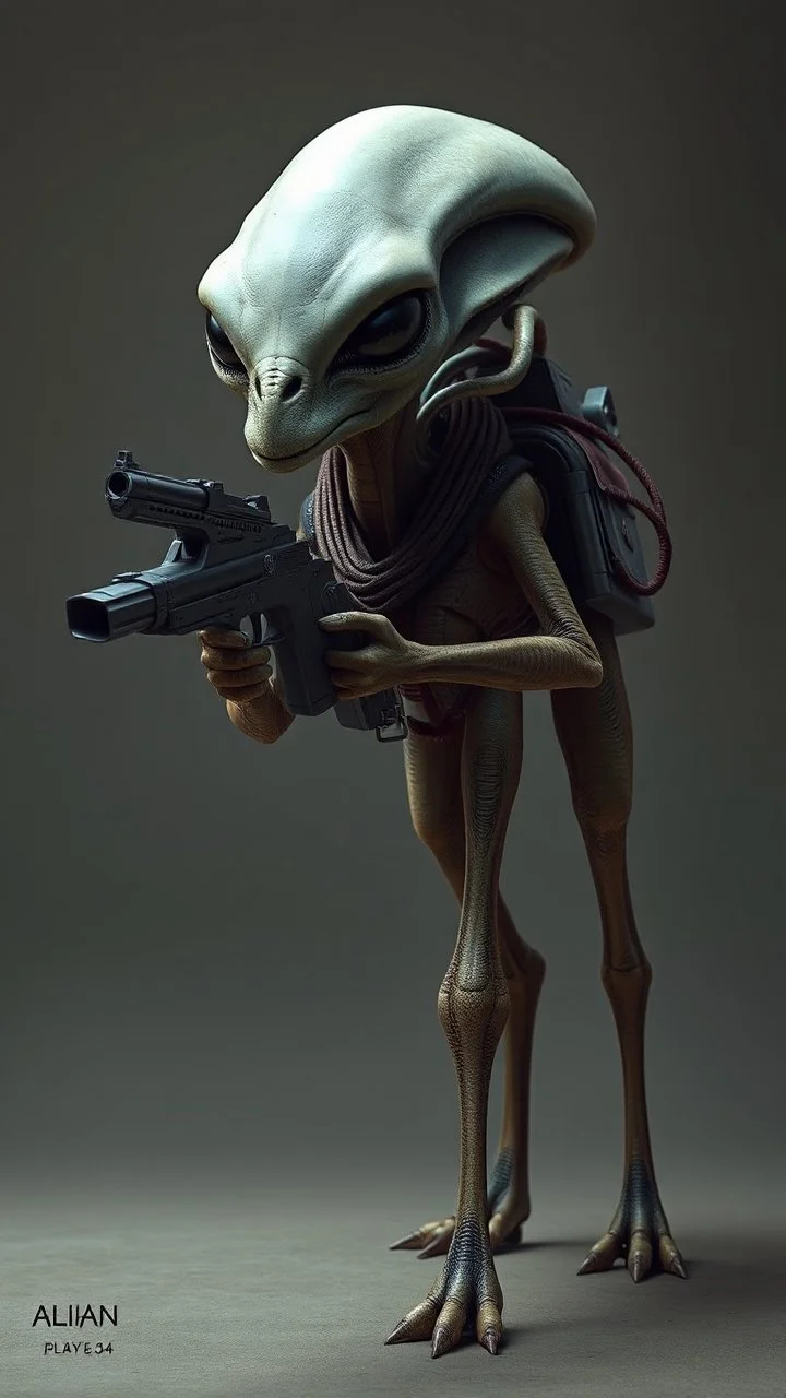 a photorealistic portrait of an alien face with camel body standing on two legs has laser gun in his hand non humanoid.