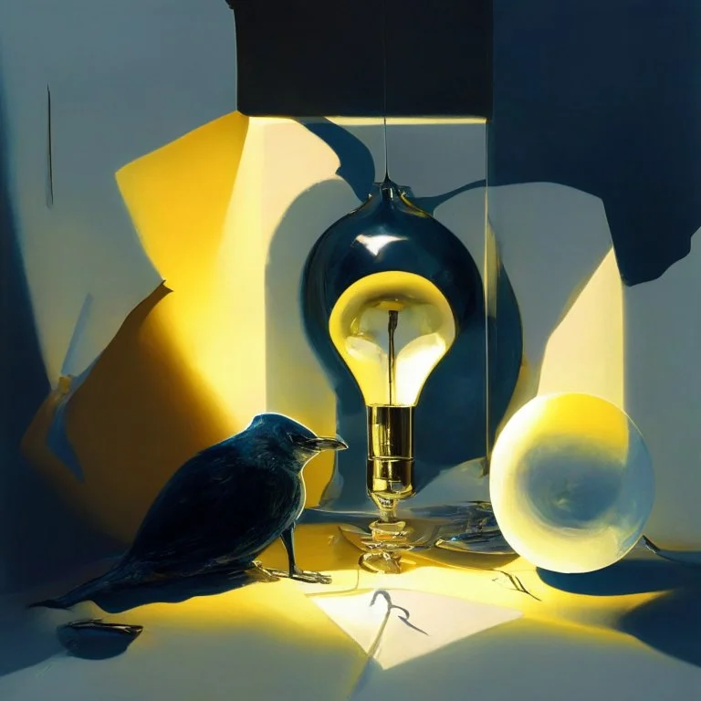 Abstract painting formed by a mix of human flesh-like surgical instruments and universe-like neuralink, a cat looking at a pigeon inside a huge bulb between light and shadow at dusk,surrealism,minimalism,Painting By Adrian Ghenie, Rene Magritte, Salvador Dali, Lucian Freud