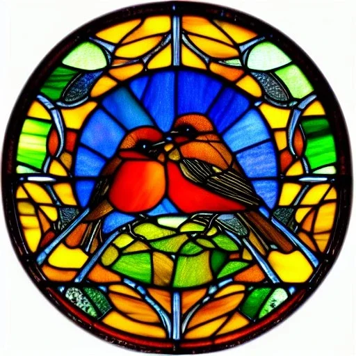 round coaster of robin with stained glass window effect, highly detailed, intricate, warm colors, stained glass window, glossy from rain, warm lighting, dramatic lighting