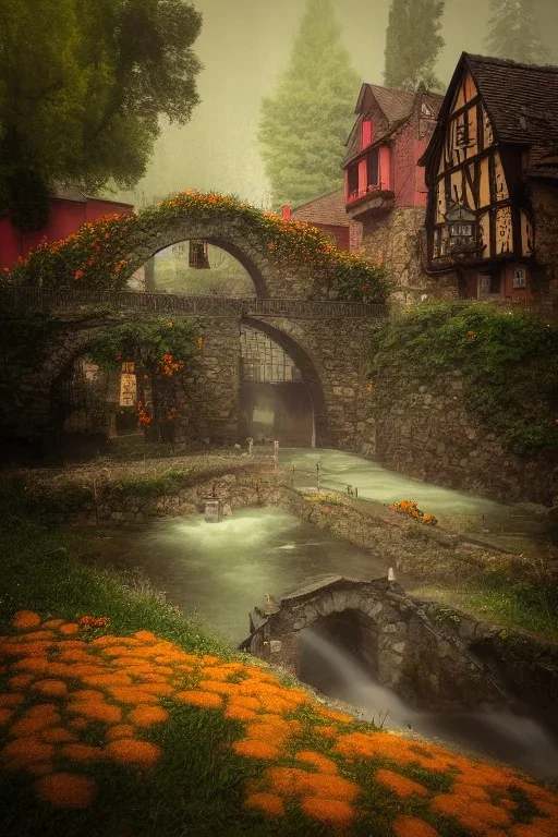 medieval village, ornate, beautiful, atmosphere, vibe, mist, smoke, chimney, rain, well, wet, pristine, puddles, red and yellow flowers, waterfall, melting, dripping, snow, creek, lush, ice, bridge, cart, orange, green, stained glass, forest, flowers, concept art illustration, volumetric lighting, volumetric clouds, color page, oil painting, trending on artstation