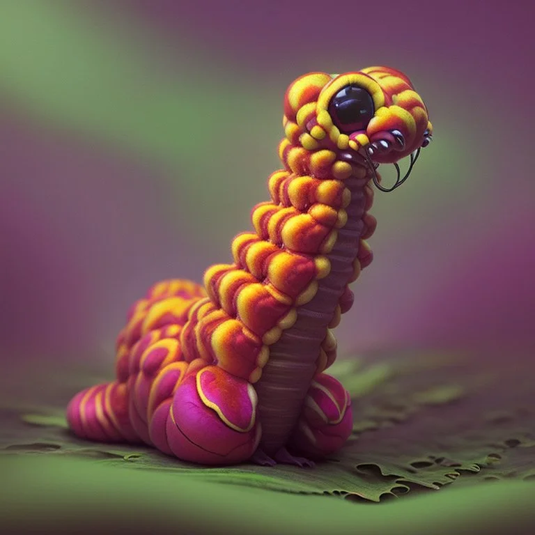 Fuzzy cute psychedelic caterpillar sitting on a forest floor mushroom, hyper realistic. psychedelic, baroque, photorealistic