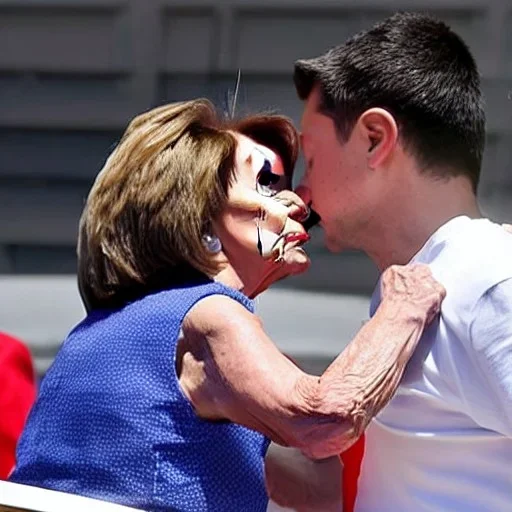 NANCY PELOSI, KISSING Volodymyr Zelensky WITH A BEARD wearing TANKTOP,