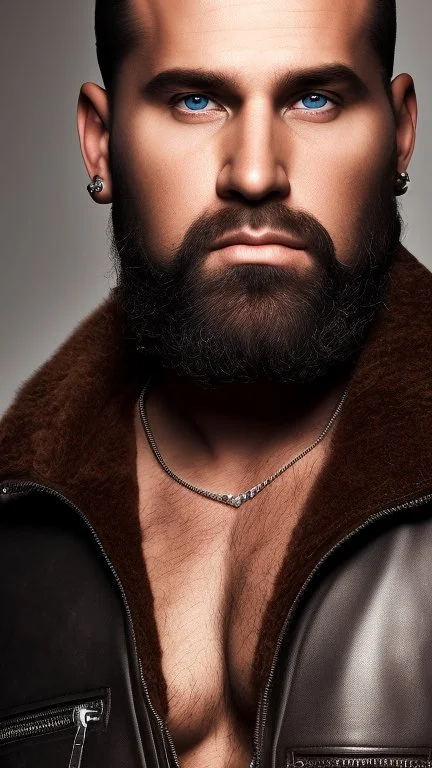 stunning extreme frontal close up photography of a 31 years old burly muscular californian chubby ugly biker, happy , shirtless with biker leather jacket, long hair, long beard, sitting in a pub , photorealistic, side light, ambient occlusion, frontal view, emotive eyes, looking in camera