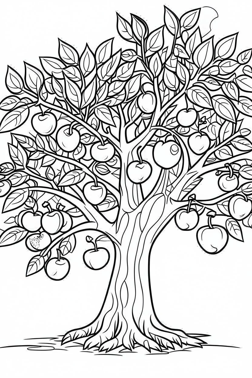 coloring page, apple tree, cartoon style, thick lines, low detail, no shading