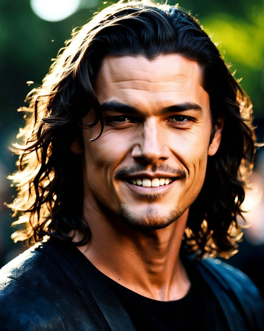 Orlando Bloom x Jason Mamoa as handsome male age 25 with shoulder length hair and a goatee. dark fantasy. smiling