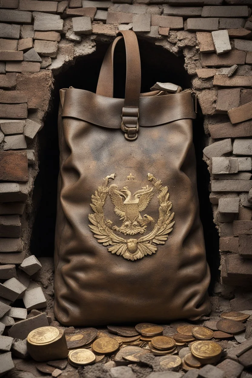 in a LARGE BASEMENT, half-buried in the earth, an ancient, worn-out, worn-out, torn-side valise peeks out, from which gold coins from the time of Catherine the Great fall out. The ancient coat of arms of Russia, the double-headed eagle, is BARELY VISIBLE on the bag. There are a lot of broken bricks and earth around the bag. All in high quality 8K