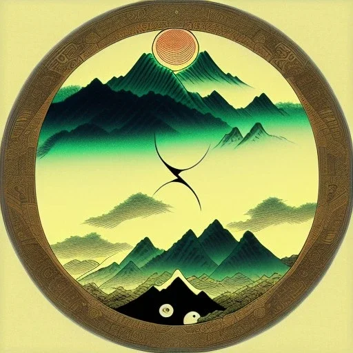 Ukiyo-e styled art, yin and yang sign, mountains and sun