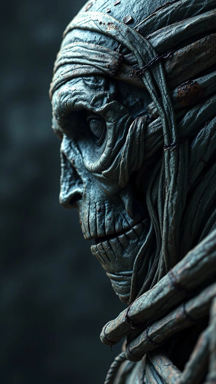 Busch painting style nightmare, a zoomed side view of the mummy by his face skin is a rusted broken metallic skin texture in a 3d rendering full-height image of a grim and dark scene. Ensure the final images exhibit the utmost quality, encompassing 4K, 8K, and 64K resolutions, with 3D rendering that manifests in photorealistic, hyperrealistic, and highly detailed representations. Employ techniques such as HDR, UHD,