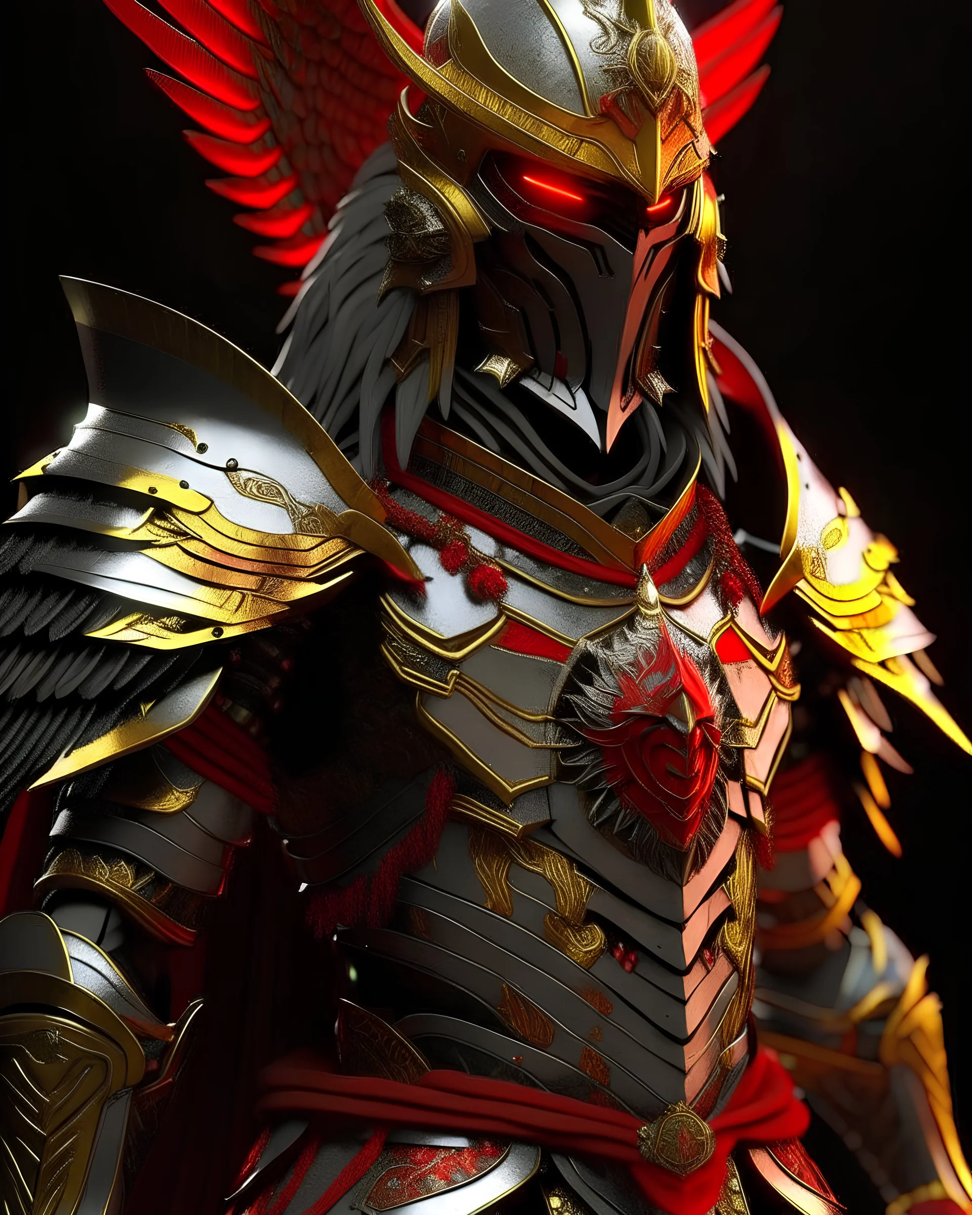 silver and gold samurai armor with glowing red eyes, and a ghostly red flowing cape, crimson trim flows throughout the armor, the helmet is fully covering the face, black and red spikes erupt from the shoulder pads, crimson and gold angel like wings are erupting from the back, crimson hair coming out the helmet, spikes erupting from the shoulder pads and gauntlets