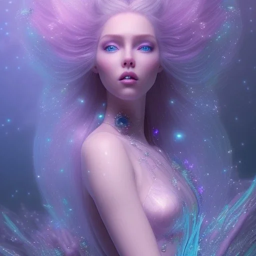 one big crystal glitter pink blue subtle galactic fairy in a galactic ambiance,glitter long blond hair down to the ground,transparent petals,blue eyes,delicate colors in the foreground, full of details, smooth，soft pink violet light atmosphere, light effect，vaporwave colorful, concept art, smooth, extremely sharp detail, finely tuned detail, ultra high definition, 8 k, unreal engine 5, ultra sharp focus