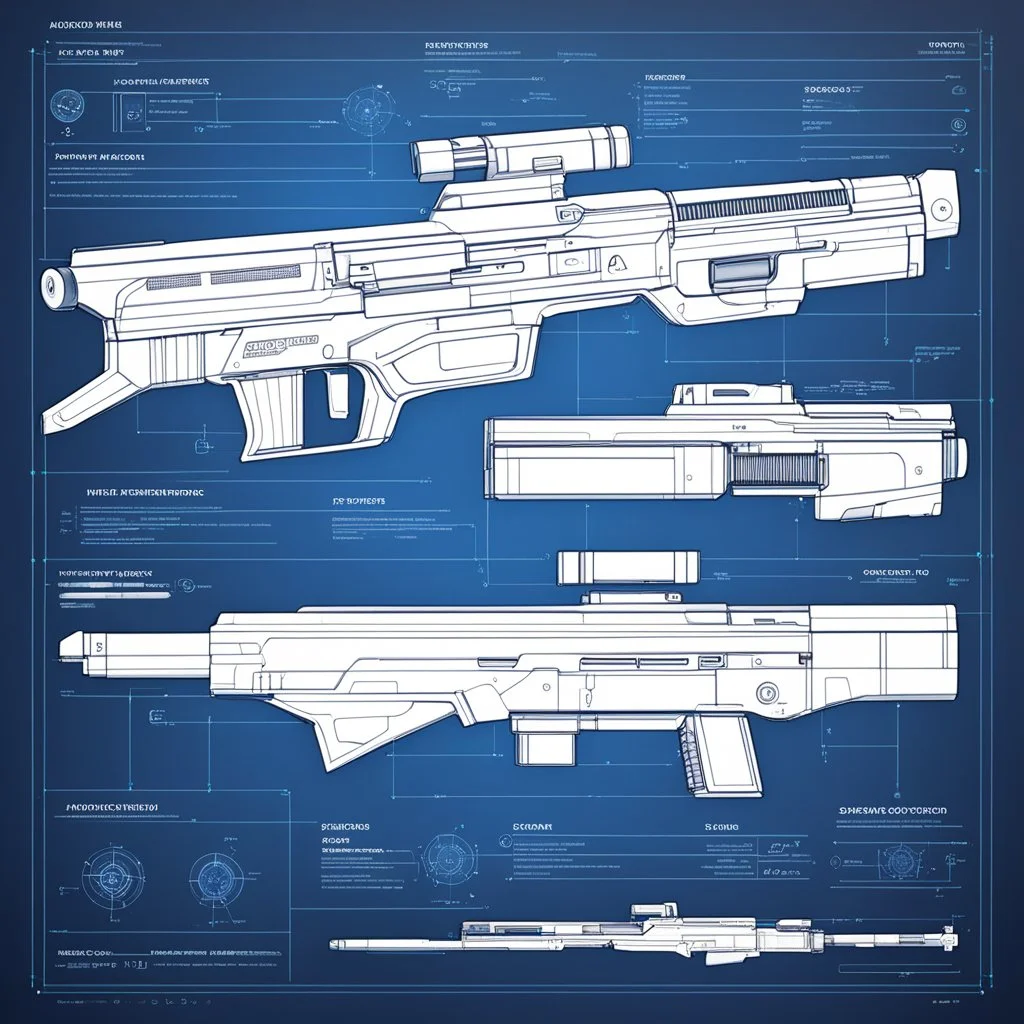 Android Spec Sheets Diagrammatic Illustrations for androids, Futuristic Biometric Assault Rifle Blueprint