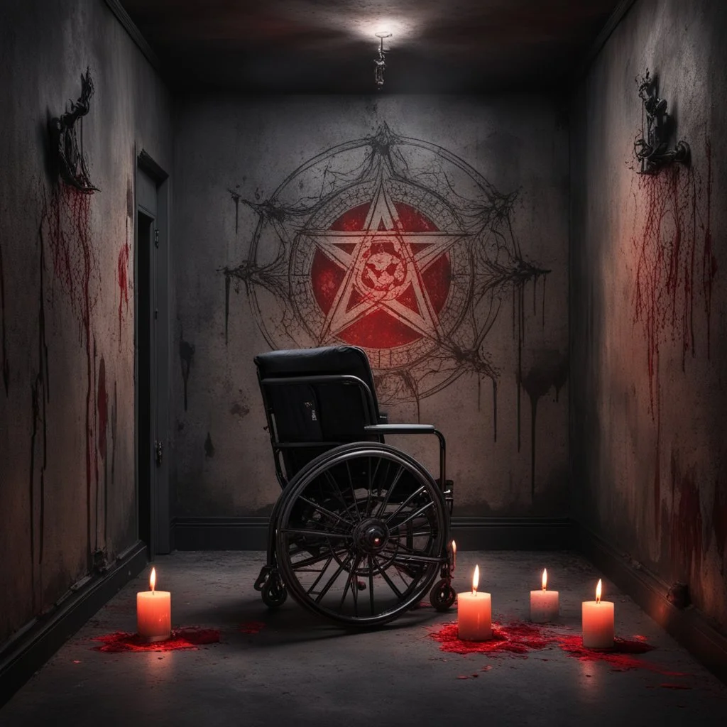 Hyper Realistic wheelchair on a satanic pentagram with candles in between of a dark hallway with peeling vintage wall paint & bloodied sword at night