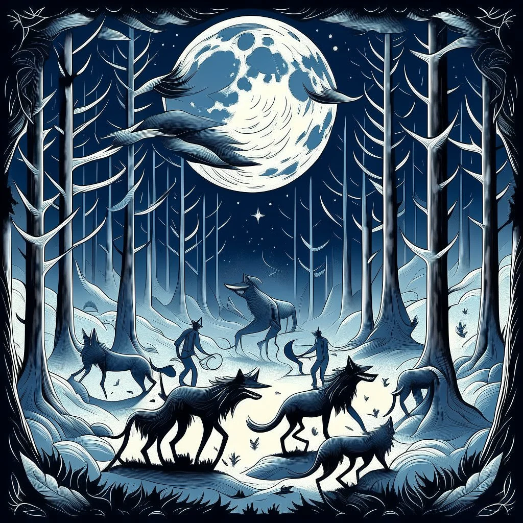 Create an illustration of a moonlit clearing in the heart of a dark forest, where a pack of werewolves gathers to perform a sacred ritual under the watchful gaze of the full moon, their howls echoing through the night.