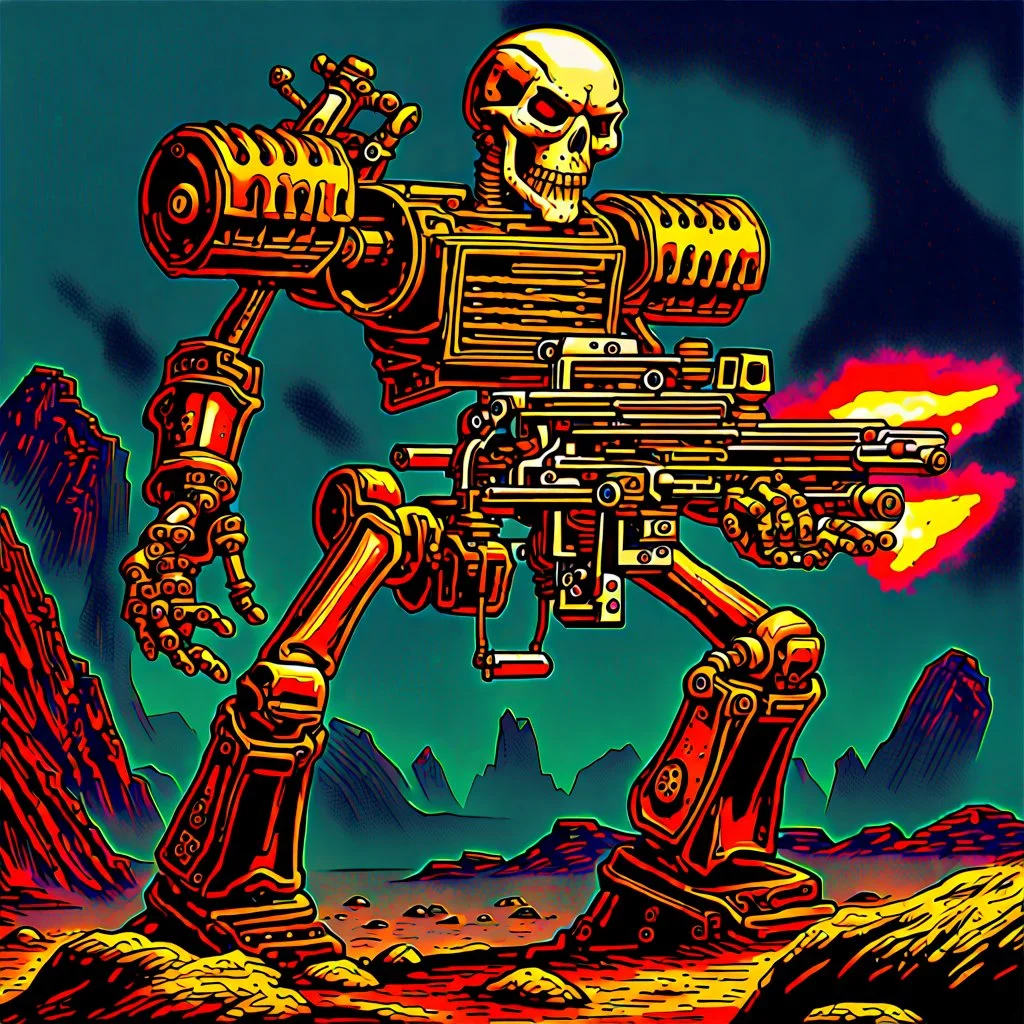 90's TCG art retro fantasy art of skeleton robot firing machine gun