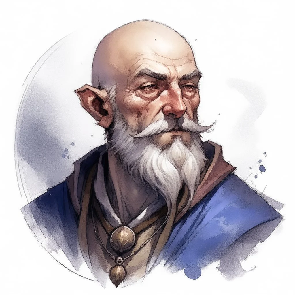 dnd, artistic, illustration, artstation, human, mage, wise, bald, grey beard, portrait, watercolour