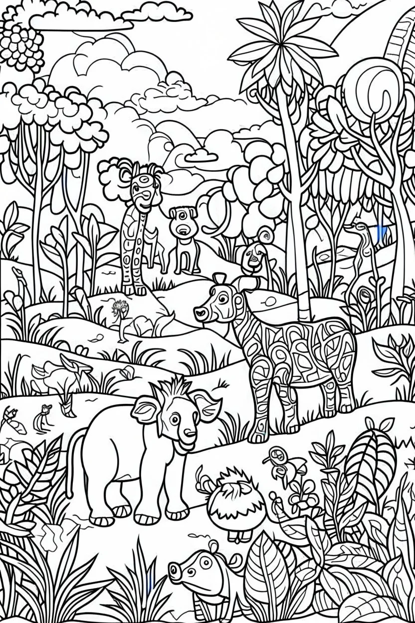 coloring page for kids, A cute jungle with playful animals, vibrant landscapes, and blooming flowers for Safari Adventure., cartoon style, thick outline, low details, no shading, no color