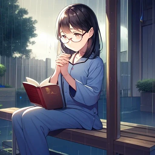 anime girl sitting on a porch swing of an old house, journaling, wearing pajamas, writing in a book, shes watching it rain, more detail on hands and her face,shes deep in her thoughts, wearing glasses, rain drops, she has a pencil in her hand and is writning in the book, she is looking down at what she is writing