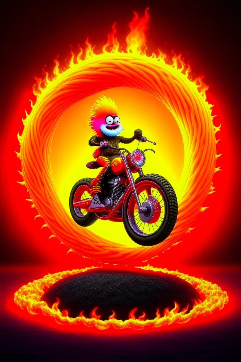 photo realistic Lorax on motorbike jumping through flaming hoop